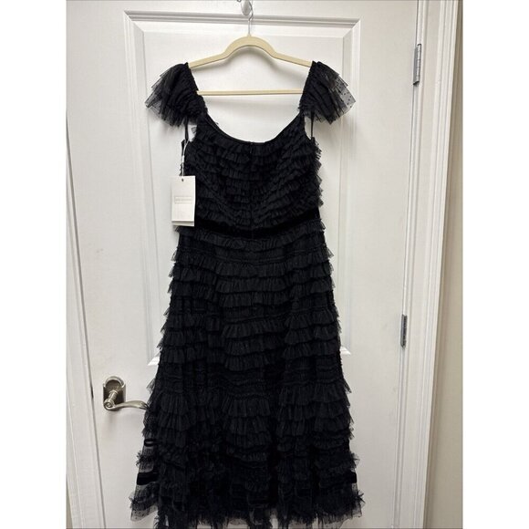 Mac Duggal Size 8 Black 8054 Ruffle Cap Sleeve Tiered Midi Cocktail Party Dress - Picture 7 of 10